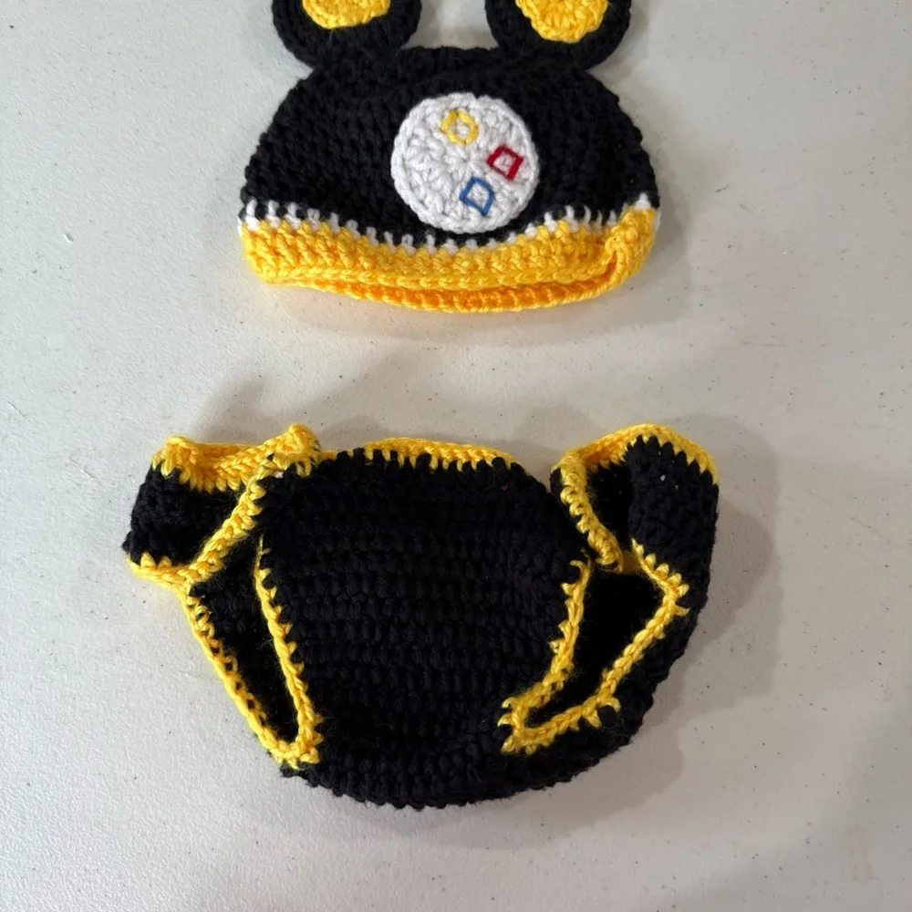 Handmade Black and Yellow Crochet Baby Steelers football inspired set photo pro